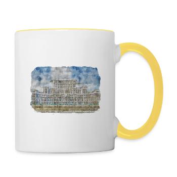 Roumanie Landmark Aquarelle Esquisse Dessin de peinture - Mug contrasté - blanc/jaune - Droite