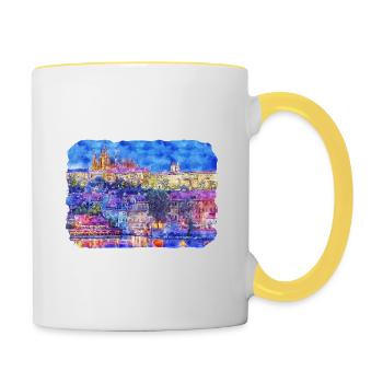 Prag Tschechische Aquarellskizze Malerei Zeichnung - Tasse zweifarbig - Weiß/Gelb - Rechts