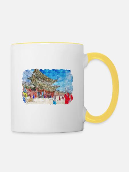 Busan Südkorea Aquarell Skizze Zeichnung Zeichnung - Tasse zweifarbig - Weiß/Gelb