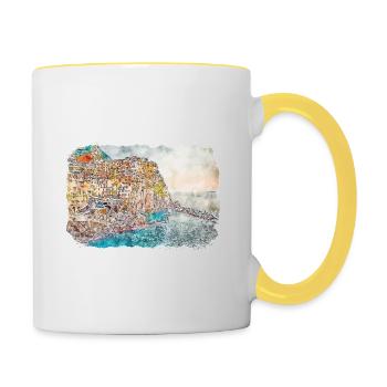 Cartagena Kolumbien Aquarell Skizze Gezeichnet Illustr - Tasse zweifarbig - Weiß/Gelb - Rechts