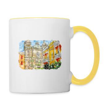 Cartagena Kolumbien Aquarell Skizze Gezeichnet Illustr - Tasse zweifarbig - Weiß/Gelb - Rechts