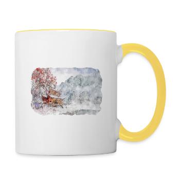 Japan Aquarellskizze Handgezeichnete Illustration - Tasse zweifarbig - Weiß/Gelb - Rechts