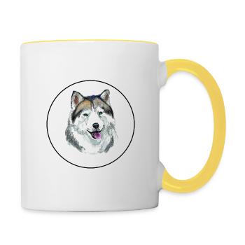 Alaskan Husky Hund Aquarell Skizze Illustration - Tasse zweifarbig - Weiß/Gelb - Rechts