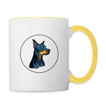 Dobermann Pinscher Hund Aquarell Illustration - Tasse zweifarbig - Weiß/Gelb - Rechts