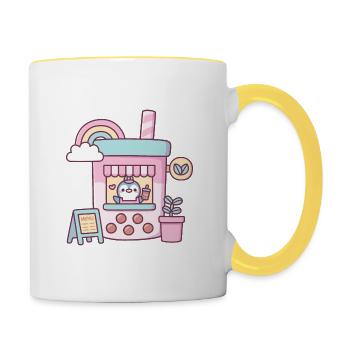 Süßer Pinguin Running Bubble Tea Cafe - Tasse zweifarbig - Weiß/Gelb - Rechts