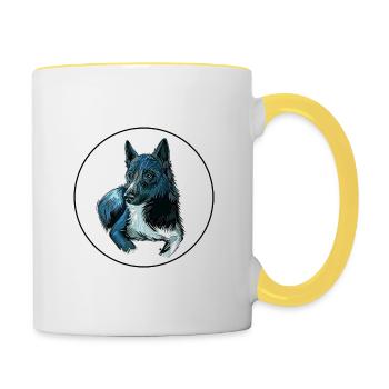 Russo European Laika Hund Aquarell Illustration - Tasse zweifarbig - Weiß/Gelb - Rechts