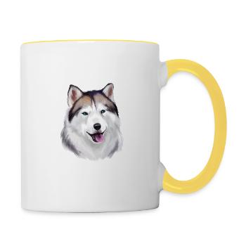 Alaskan Husky Hund Aquarell Skizze Illustration - Tasse zweifarbig - Weiß/Gelb - Rechts