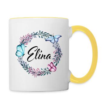 Elina, Name, Schriftzug, Blumenkranz, Geschenk - Tasse zweifarbig - Weiß/Gelb - Rechts
