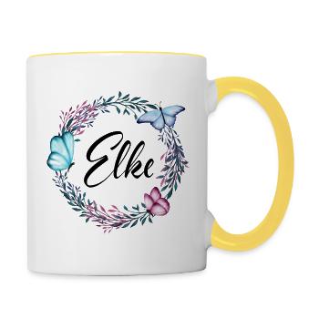 Elke, Name, Schriftzug, Blumenkranz, Geschenk - Tasse zweifarbig - Weiß/Gelb - Rechts