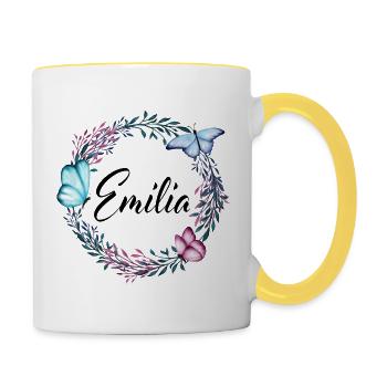 Emilia, name, lettering, flower wreath, gift - Contrasting Mug - white/yellow - Right