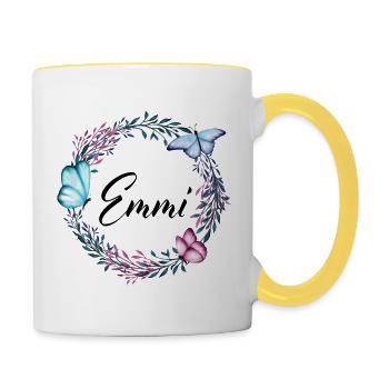 Emmi, nom, lettrage, couronne de fleurs, cadeau - Mug contrasté - blanc/jaune - Droite