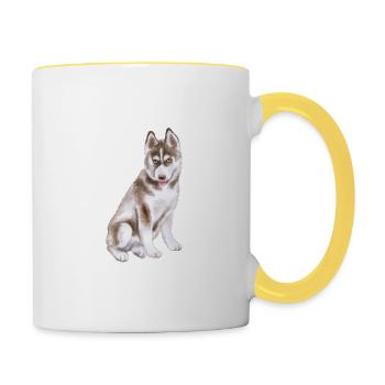 Husky Hund Aquarell Farbe Illustration - Tasse zweifarbig - Weiß/Gelb - Rechts