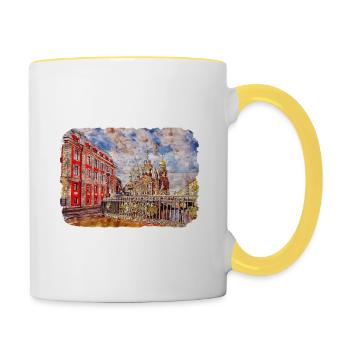 St Petersburg Russia Watercolor Sketch Painting - Contrasting Mug - white/yellow - Right