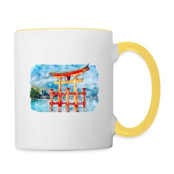 Japan Aquarellskizze Handgezeichnete Illustration - Tasse zweifarbig - Weiß/Gelb - Rechts