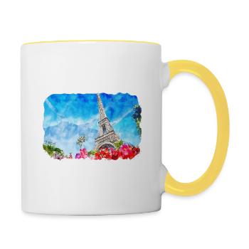 Paris Frankreich Aquarellskizze Gezeichnete Illustration - Tasse zweifarbig - Weiß/Gelb - Rechts