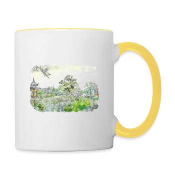 Japan Aquarellskizze Handgezeichnete Illustration - Tasse zweifarbig - Weiß/Gelb - Rechts