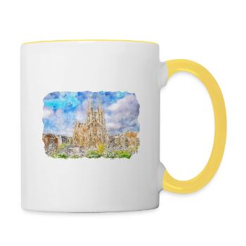 Barcelona Spanien Aquarell Skizze Gezeichnetes Gemälde - Tasse zweifarbig - Weiß/Gelb - Rechts