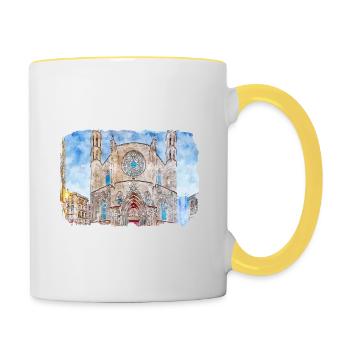 Barcelona Spanien Aquarell Skizze gezeichnet Illustrati - Tasse zweifarbig - Weiß/Gelb - Rechts