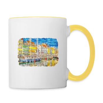 Copenhague Danemark Aquarelle Esquisse Dessinée Paintin - Mug contrasté - blanc/jaune - Droite