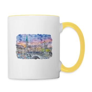 Zürich Schweiz Aquarellskizze gezeichnet Paintin - Tasse zweifarbig - Weiß/Gelb - Rechts