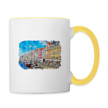 Copenhague Danemark Aquarelle Esquisse Dessinée Paintin - Mug contrasté - blanc/jaune - Droite