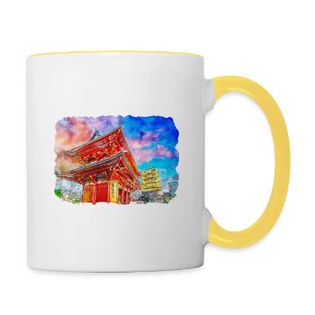 Japan Aquarellskizze Handgezeichnete Illustration - Tasse zweifarbig - Weiß/Gelb - Rechts