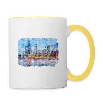 Chicago USA Aquarell Skizze gezeichnete Illustration - Tasse zweifarbig - Weiß/Gelb - Rechts