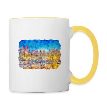 Amsterdam Netherlands Watercolor Sketch Illustrati - Contrasting Mug - white/yellow - Right