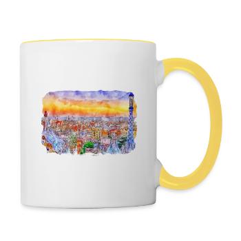 Barcelona Spanien Aquarell Skizze Gezeichnetes Gemälde - Tasse zweifarbig - Weiß/Gelb - Rechts