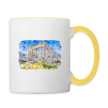 Athènes Grèce Aquarelle Esquisse Dessinée Peinture - Mug contrasté - blanc/jaune - Droite