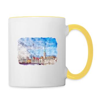Zürich Schweiz Aquarellskizze gezeichnet Paintin - Tasse zweifarbig - Weiß/Gelb - Rechts