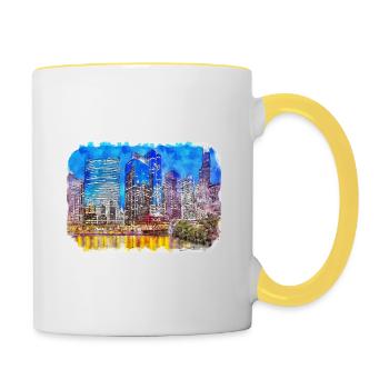 Chicago USA Aquarell Skizze gezeichnete Illustration - Tasse zweifarbig - Weiß/Gelb - Rechts