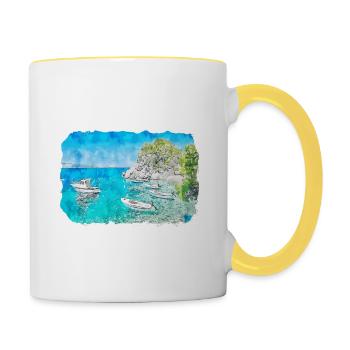 Kroatien Aquarellskizze Handgezeichnete Illustration - Tasse zweifarbig - Weiß/Gelb - Rechts