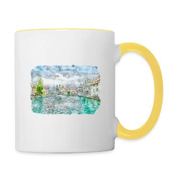 Luzern Schweiz Aquarellskizze gezeichnet Illust - Tasse zweifarbig - Weiß/Gelb - Rechts