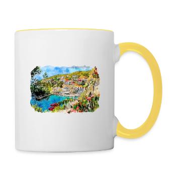 Kroatien Aquarellskizze Handgezeichnete Illustration - Tasse zweifarbig - Weiß/Gelb - Rechts