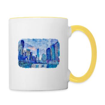 Chicago USA Aquarell Skizze gezeichnete Illustration - Tasse zweifarbig - Weiß/Gelb - Rechts