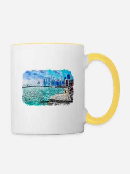 Chicago USA Watercolor Sketch Drawn Illustration - Contrasting Mug - white/yellow