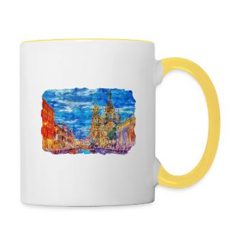Saint-Pétersbourg Russie croquis aquarelle dessiné Drawi - Mug contrasté - blanc/jaune - Droite