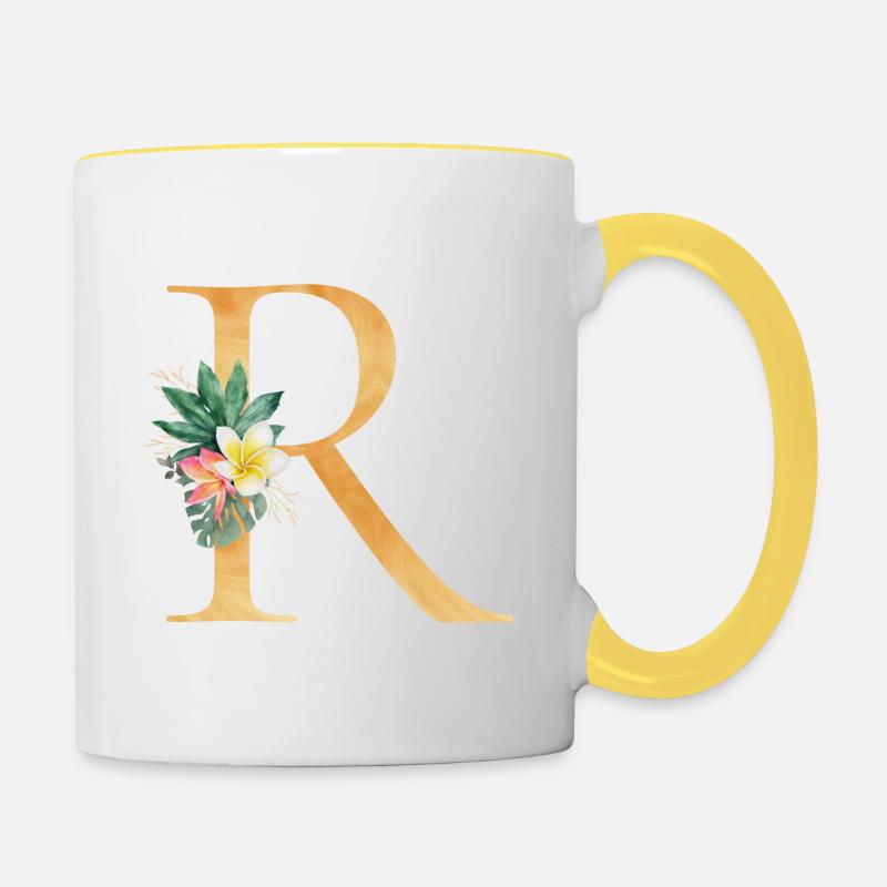 Monogramme personnalisable R Botanique tropicale - Mug contrasté - blanc/jaune