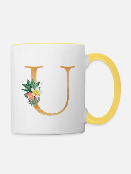 Personalisierbar Monogramm U Tropisch Botanik - Tasse zweifarbig - Weiß/Gelb