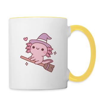 Mignonne sorcière Axolotl sur balai volant - Mug contrasté - blanc/jaune - Droite