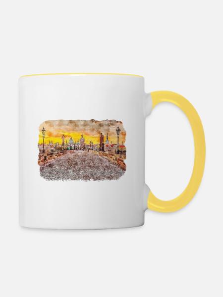 Prager Tschechien Aquarellskizze - Tasse zweifarbig - Weiß/Gelb