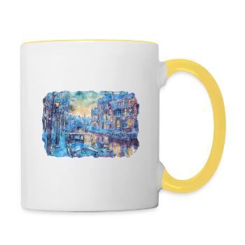 Amsterdam Netherlands Watercolor Sketch Drawing - Contrasting Mug - white/yellow - Right