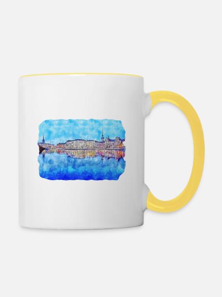 Schweden Wahrzeichen Aquarell Skizze Farbe Zeichnung - Tasse zweifarbig - Weiß/Gelb