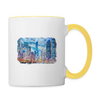 Chicago USA Aquarell Skizze gezeichnete Illustration - Tasse zweifarbig - Weiß/Gelb - Rechts