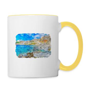 Esquisse d’aquarelle de la côte européenne Dessinée Illustratio - Mug contrasté - blanc/jaune - Droite