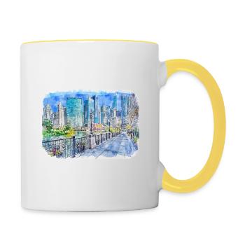 Chicago USA Aquarell Skizze gezeichnete Illustration - Tasse zweifarbig - Weiß/Gelb - Rechts