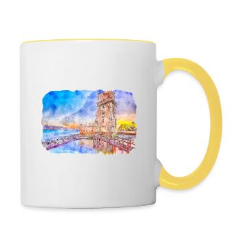 Lisbonne Portugal Aquarelle Esquisse Dessinée Illustrati - Mug contrasté - blanc/jaune - Droite