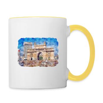 Mumbai India Watercolor Sketch Drawn Painting - Contrasting Mug - white/yellow - Right