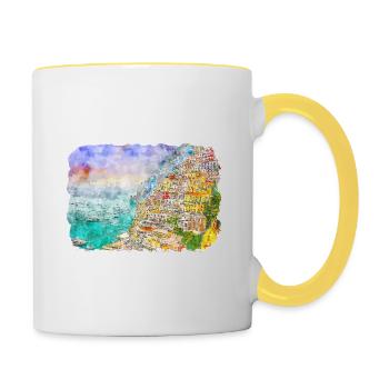 Positano Italy Watercolor Sketch Drawn Illustratio - Contrasting Mug - white/yellow - Right